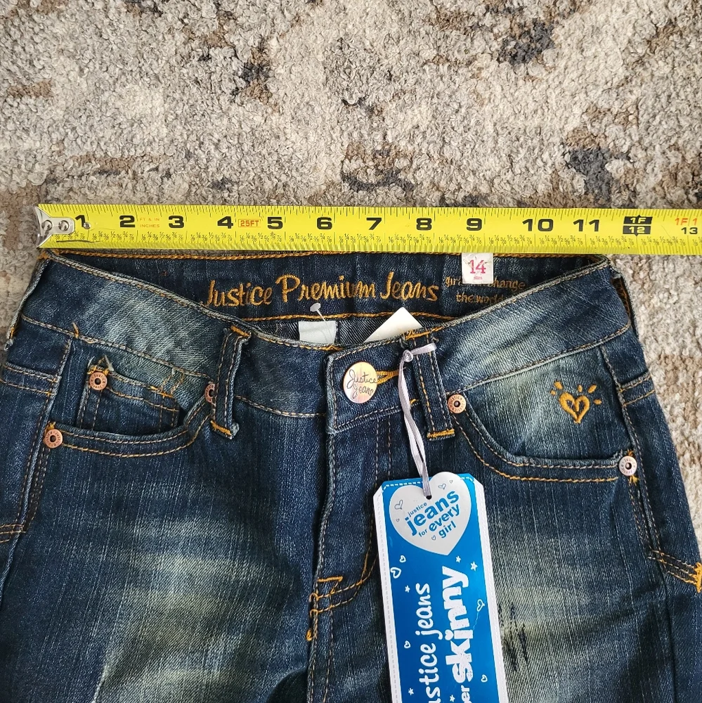 Justice Premier Jeans Girls 14 Slim 14S Dark Wash Super Skinny Denim Jeans Patch